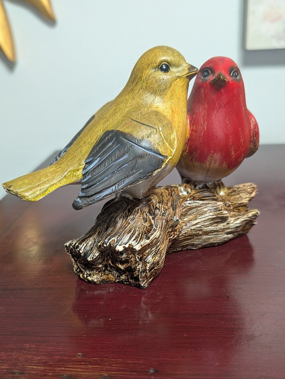 2 Bird Figurine Carved Wood Yellow & Red Vintage Perched On Branch Hand Painted